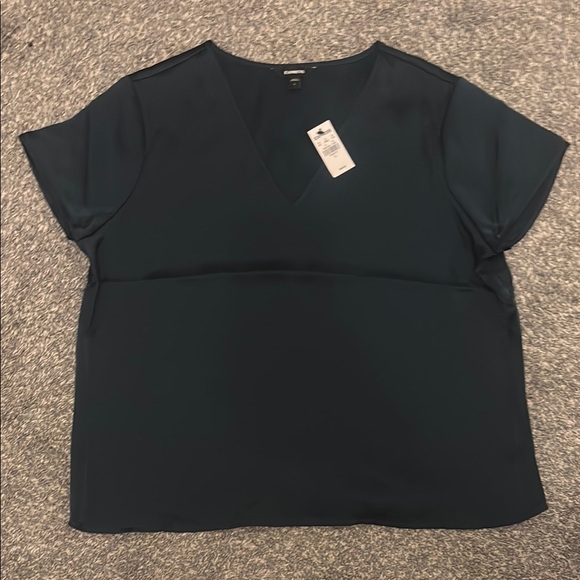 Express Elegant Dark Green V-Neck Women's silk Top - Picture 1 of 2